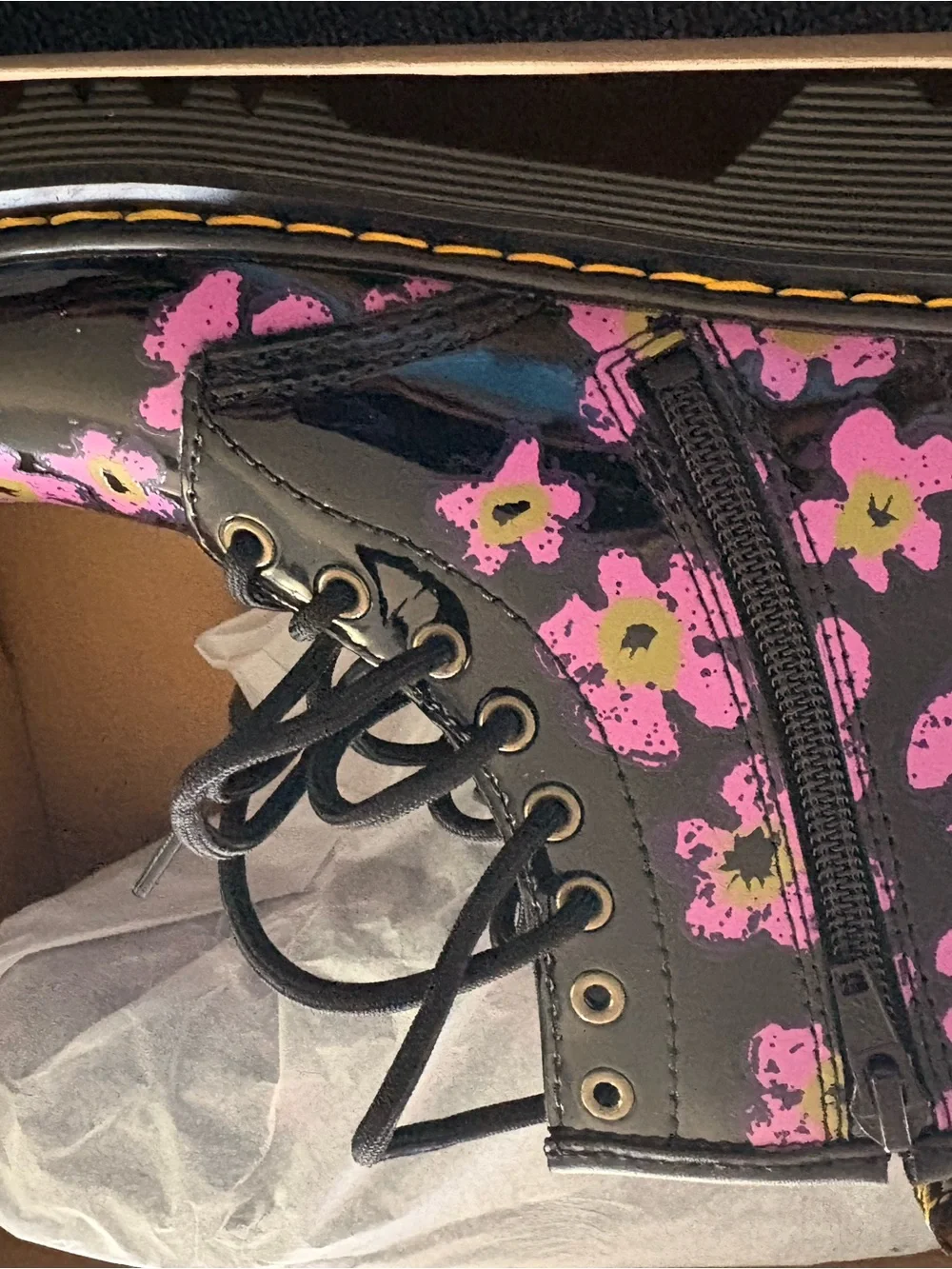 Dr. Martens Black Patent Floral Combat Boots with Pink Flowers